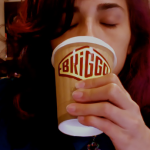 Laura drinking the Coffee of the Future